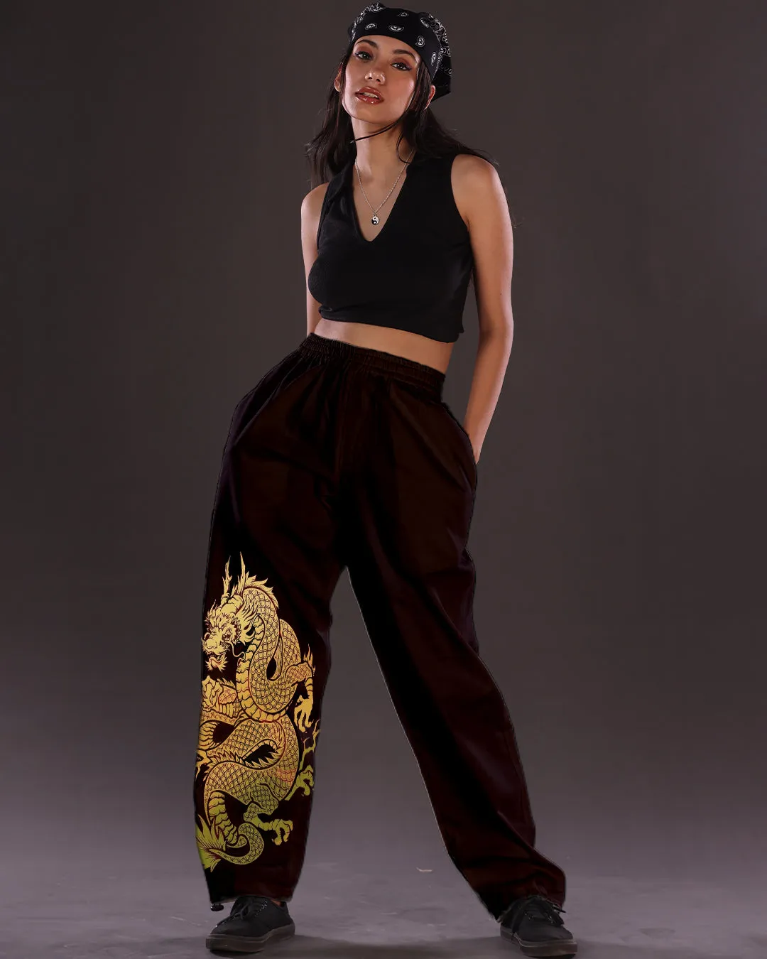 Adjustable Dragon Black Cargo Pants for Women