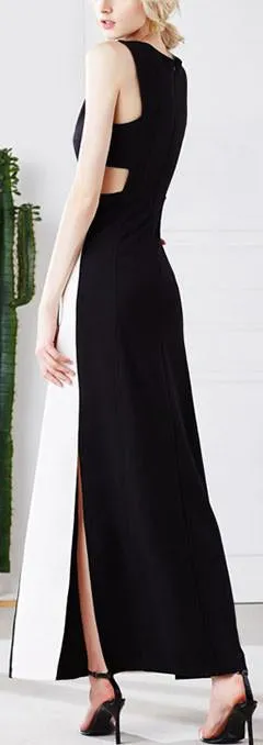 Bicolor Contrast Long Sleeveless Dress in Black & White