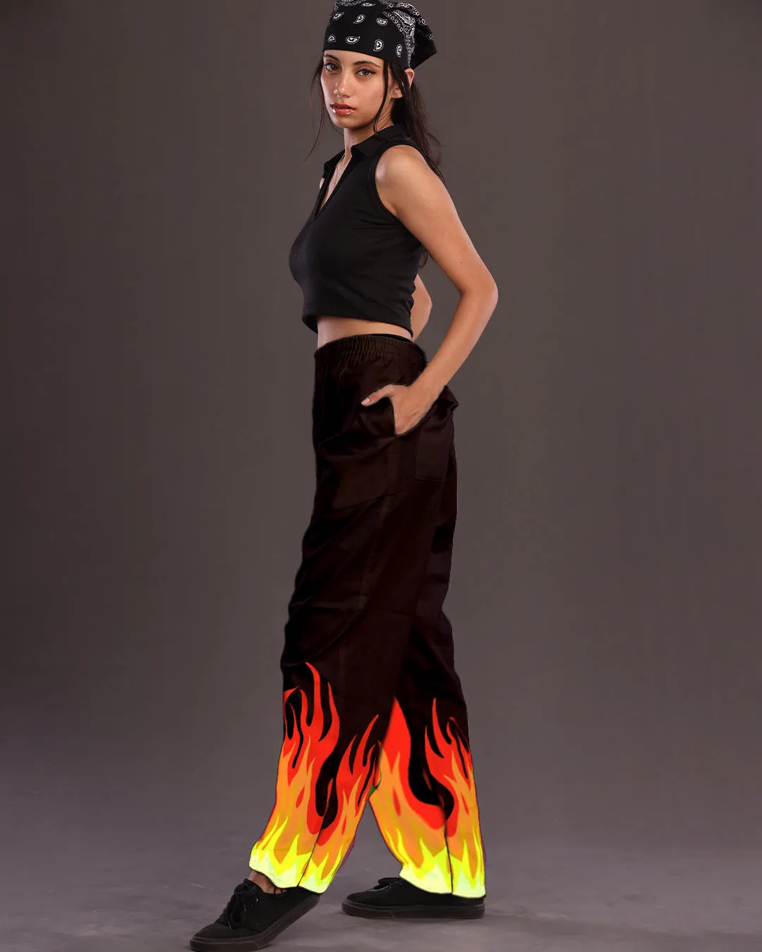 Black Cotton Pants Women: Fire-Inspired Adjustable Style