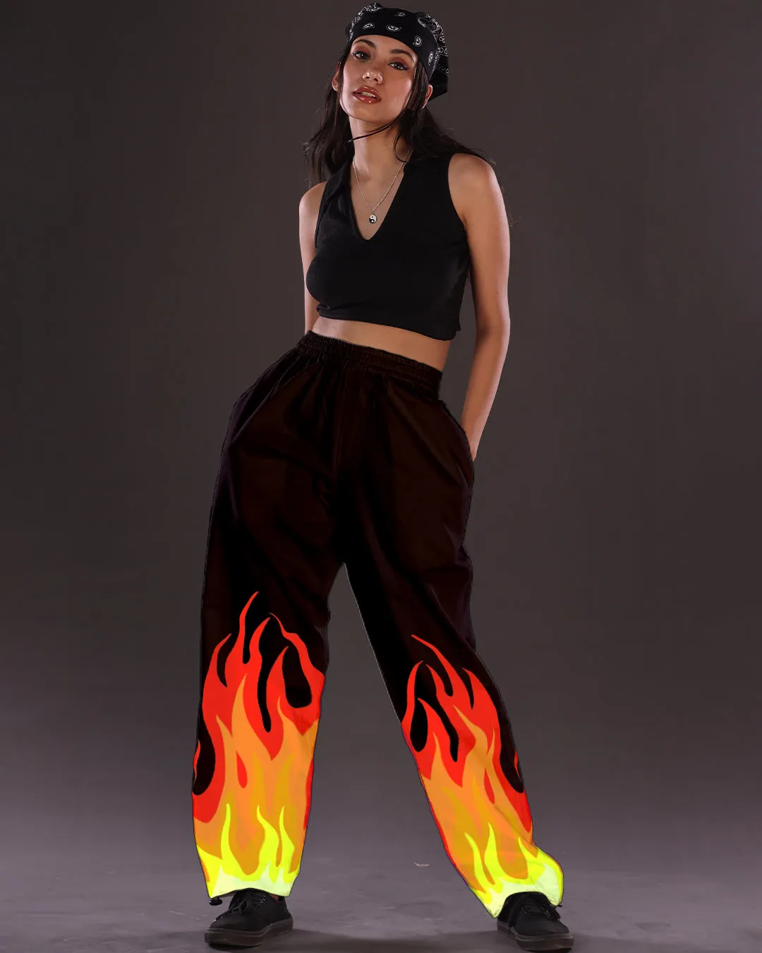 Black Cotton Pants Women: Fire-Inspired Adjustable Style