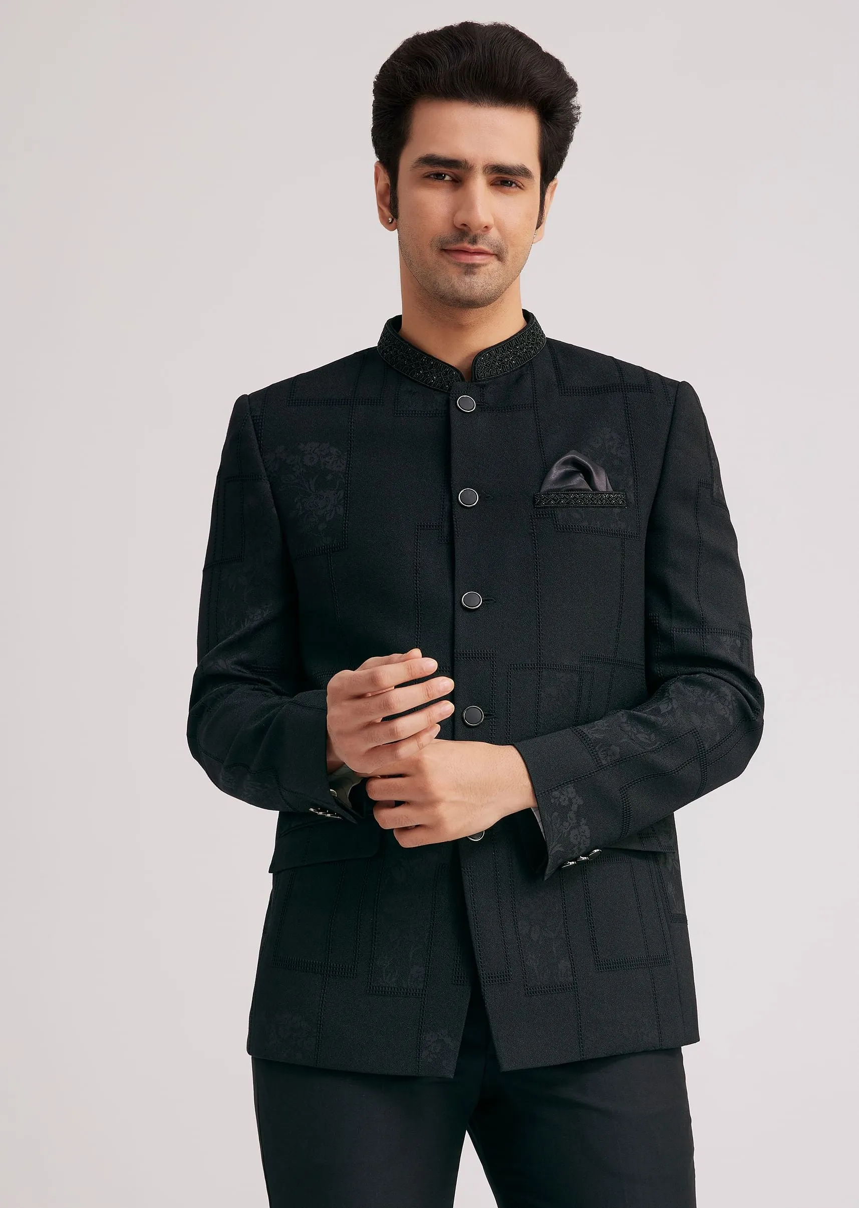 Black Silk Jodhpuri Suit With Floral Motifs And Cut Dana Work