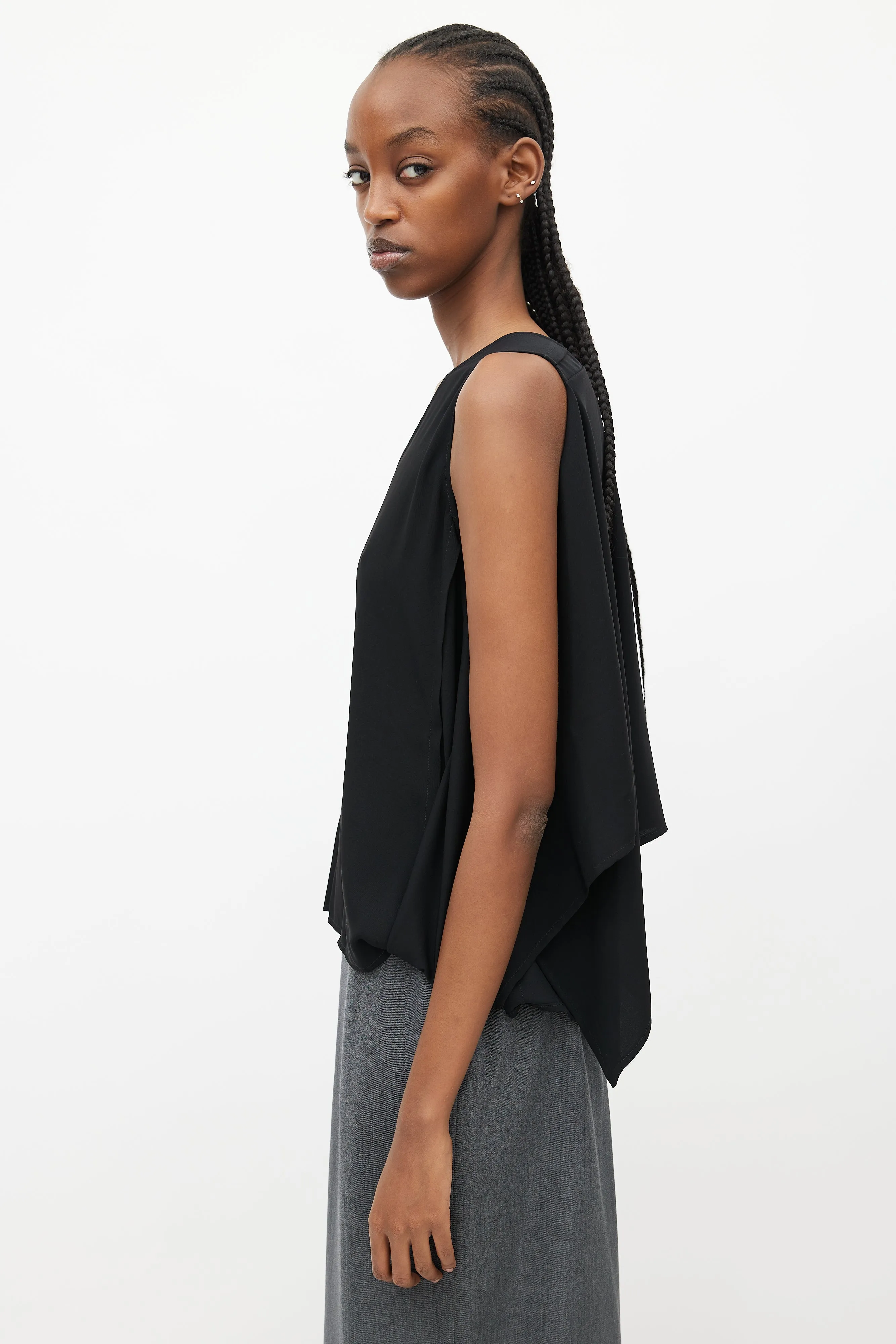 Black Sleeveless Drape Blouse