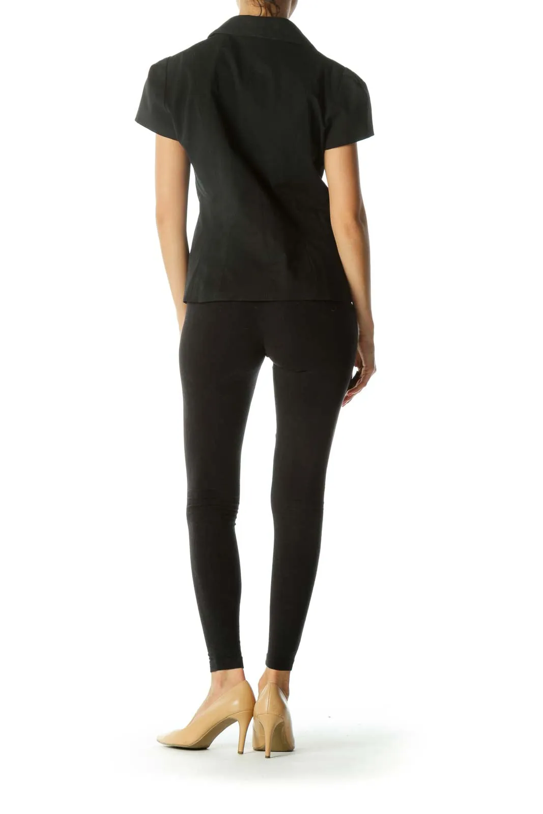 Black V-Neck Fabric-Buttons Bow-Shoulder Detail Textured Short-Sleeve Blazer