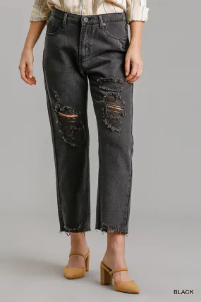 Black Women's Straight Cut Distressed Denim Jeans With Raw Hem