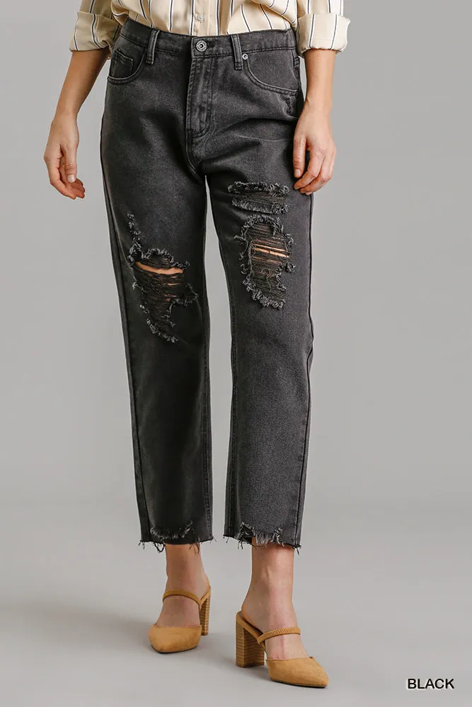 Black Women's Straight Cut Distressed Denim Jeans With Raw Hem
