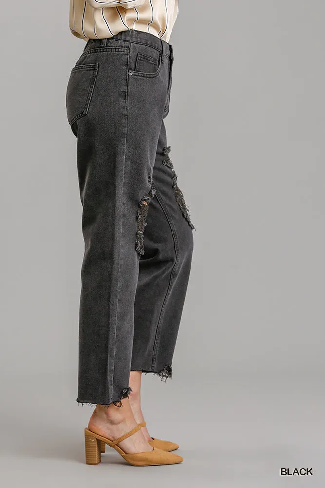 Black Women's Straight Cut Distressed Denim Jeans With Raw Hem