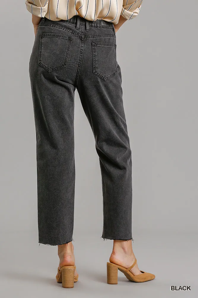Black Women's Straight Cut Distressed Denim Jeans With Raw Hem