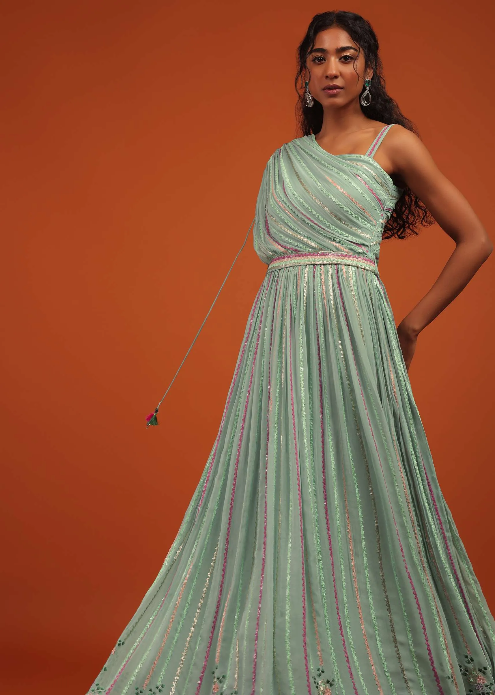 Blue Indo Western Gown In Georgette With Multi Color Floral Embroidery