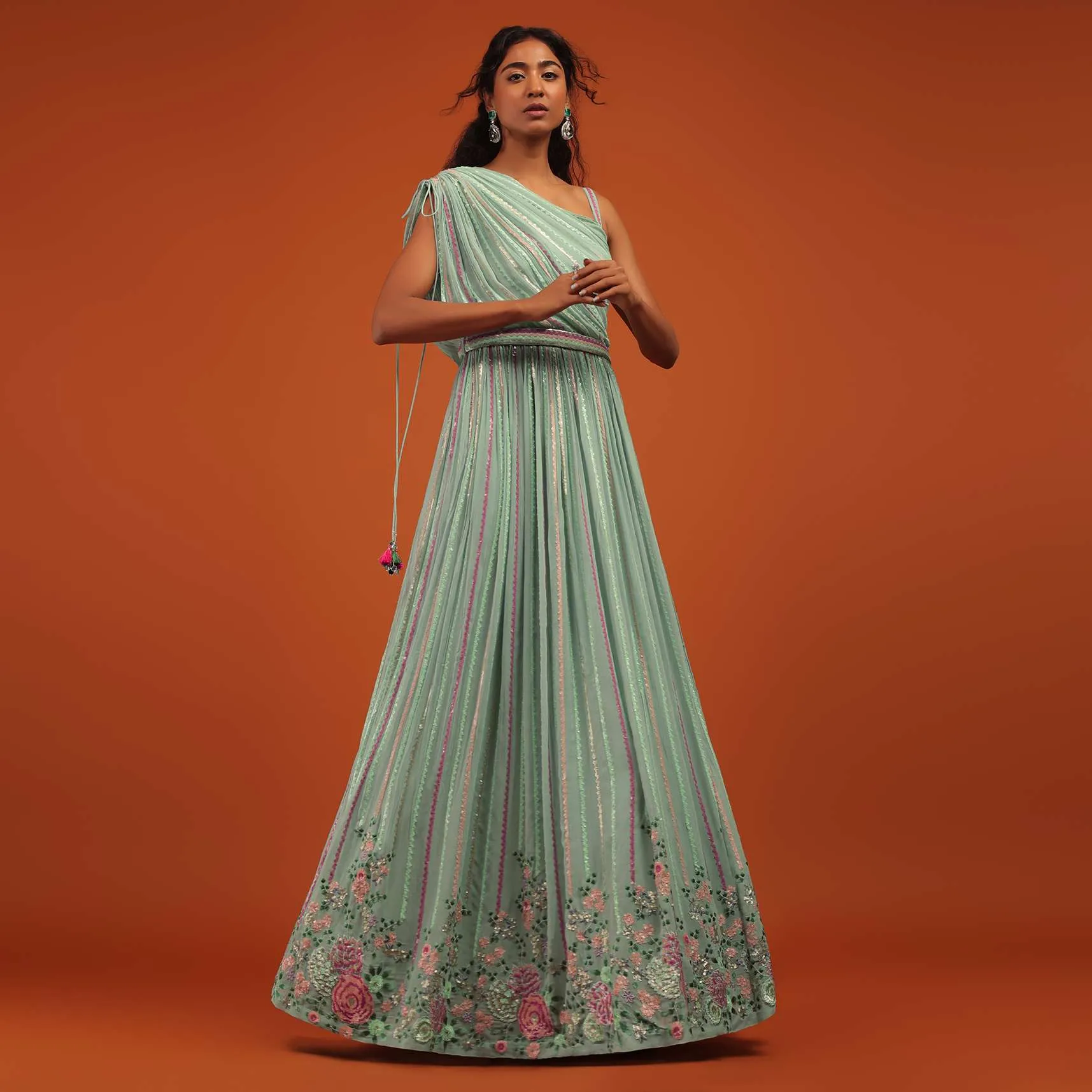 Blue Indo Western Gown In Georgette With Multi Color Floral Embroidery