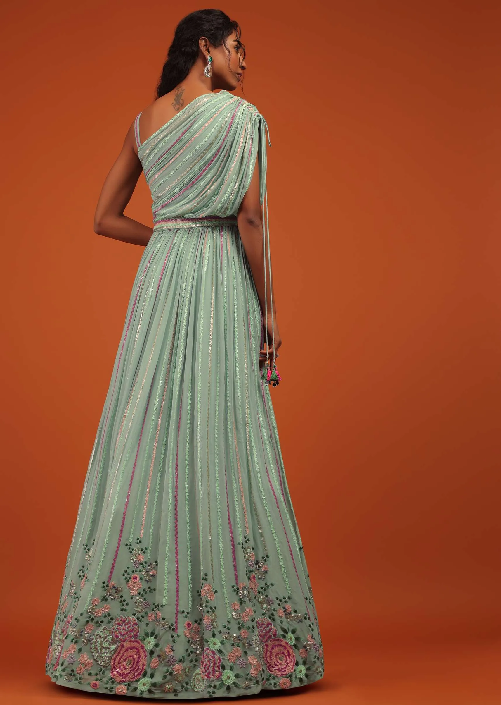Blue Indo Western Gown In Georgette With Multi Color Floral Embroidery