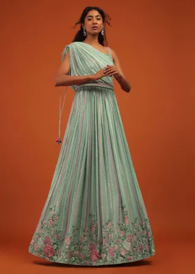 Blue Indo Western Gown In Georgette With Multi Color Floral Embroidery