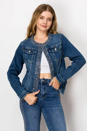 Embellished medium blue denim jacket