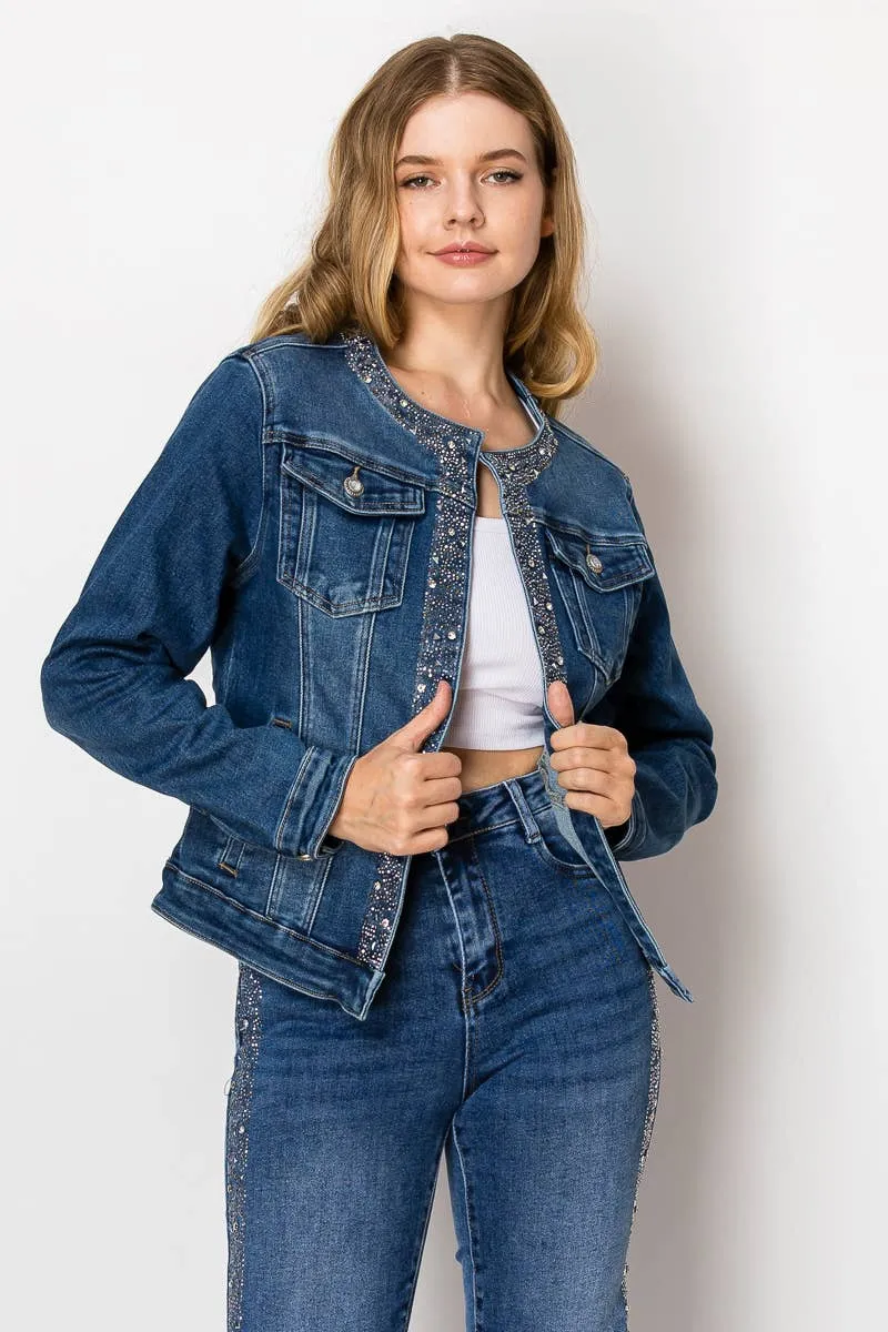 Embellished medium blue denim jacket