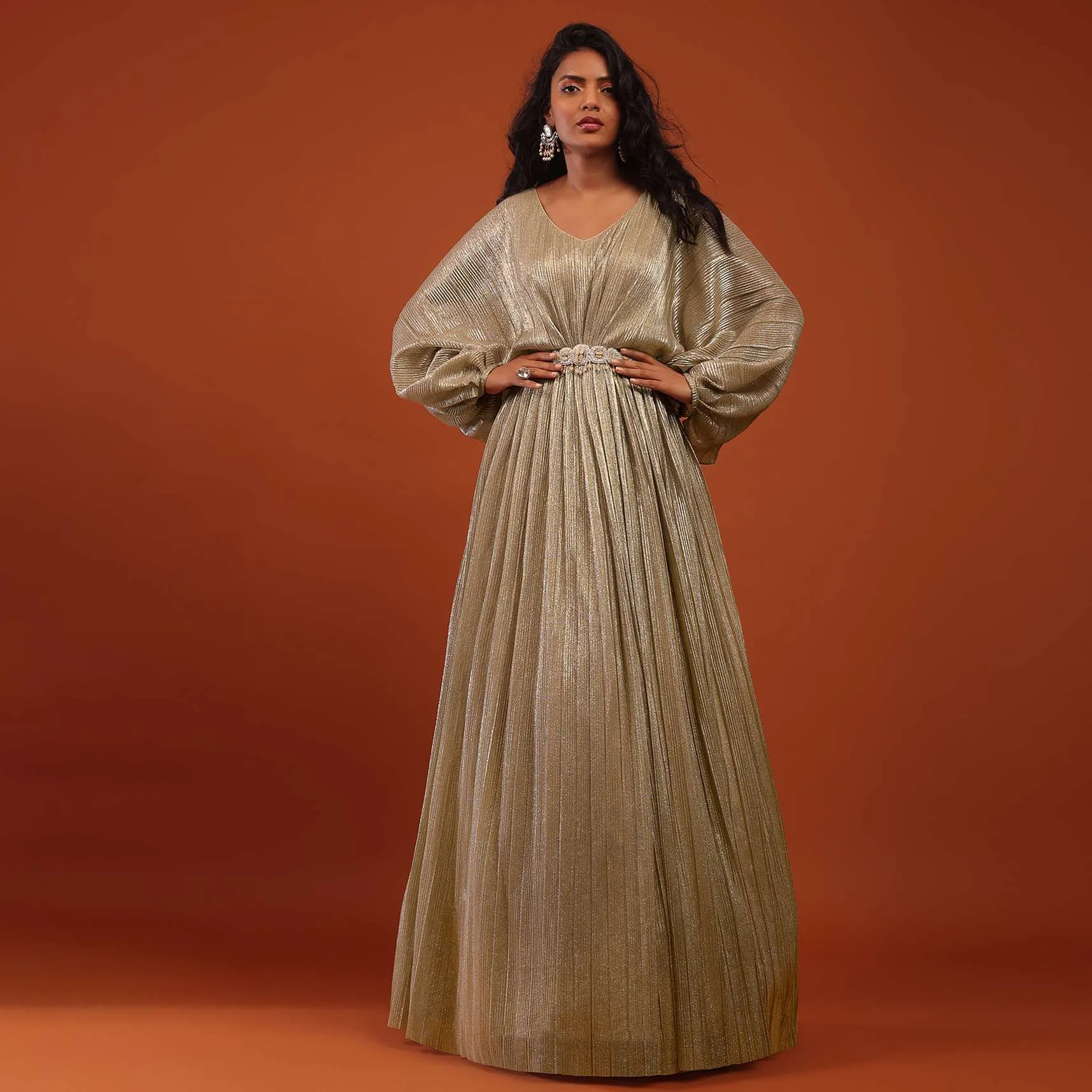 Gold Crushed Kaftan Gown With An Embellished Waistbelt