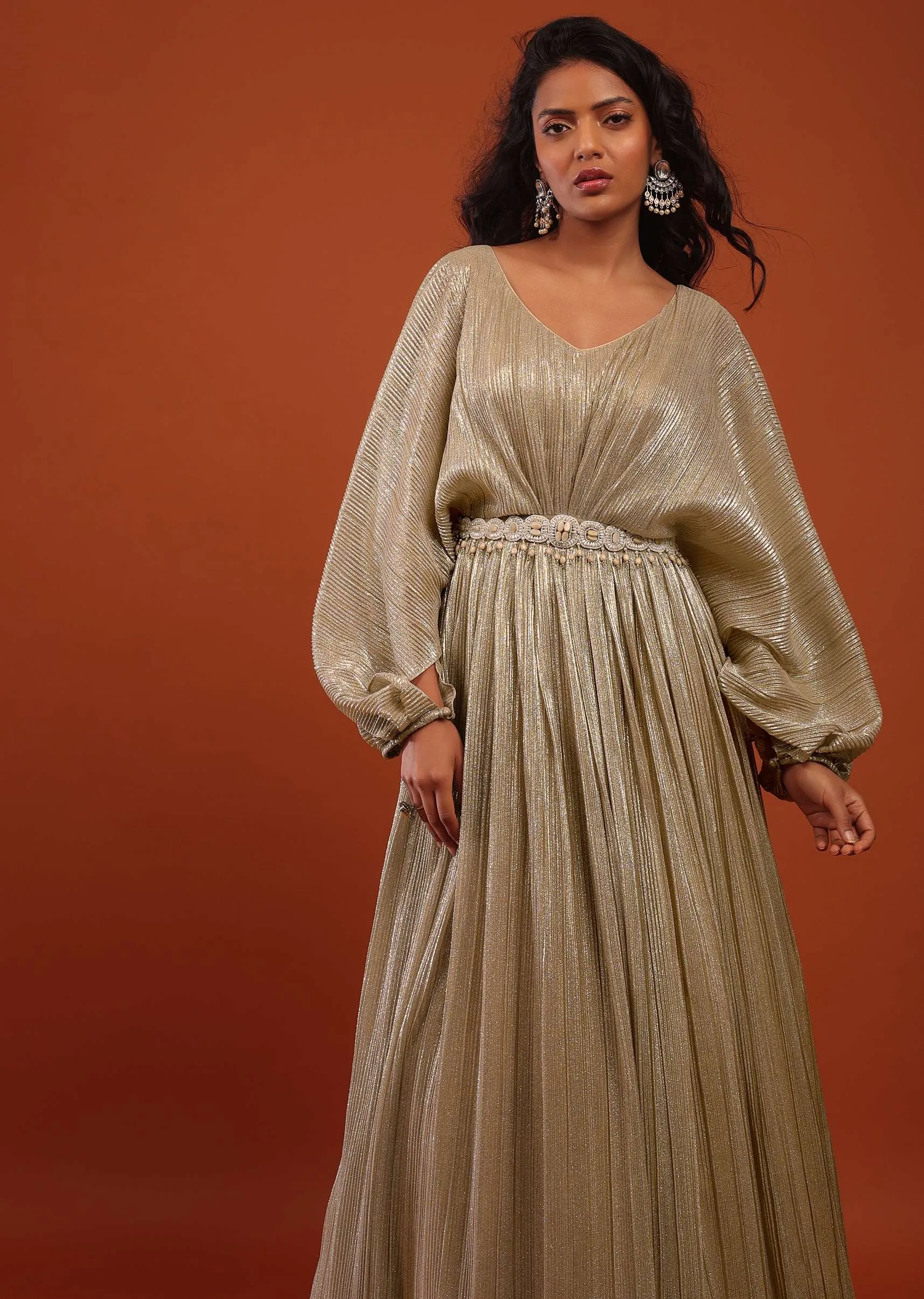 Gold Crushed Kaftan Gown With An Embellished Waistbelt