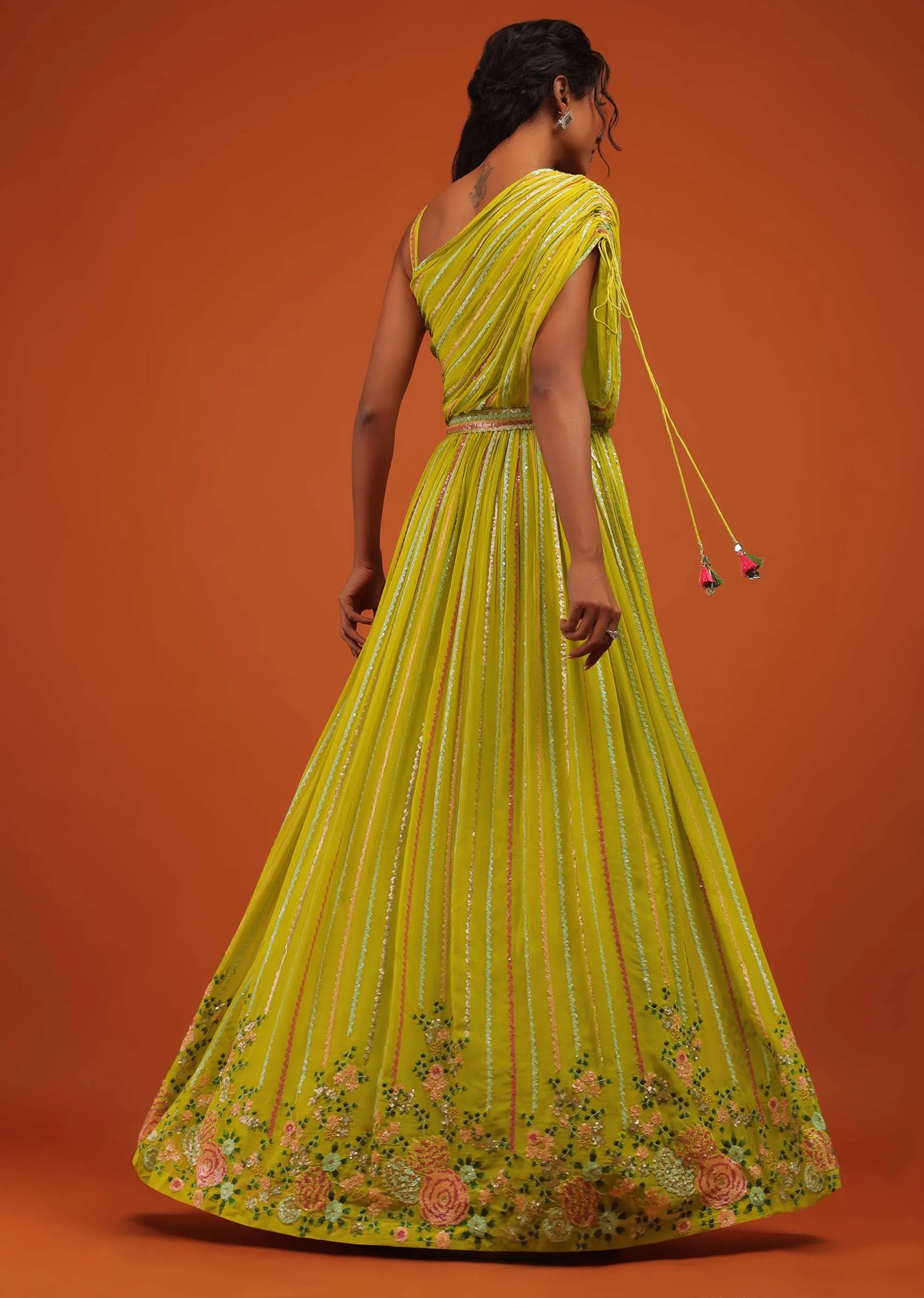 Green Indo Western Gown In Georgette With Multi Color Floral Embroidery