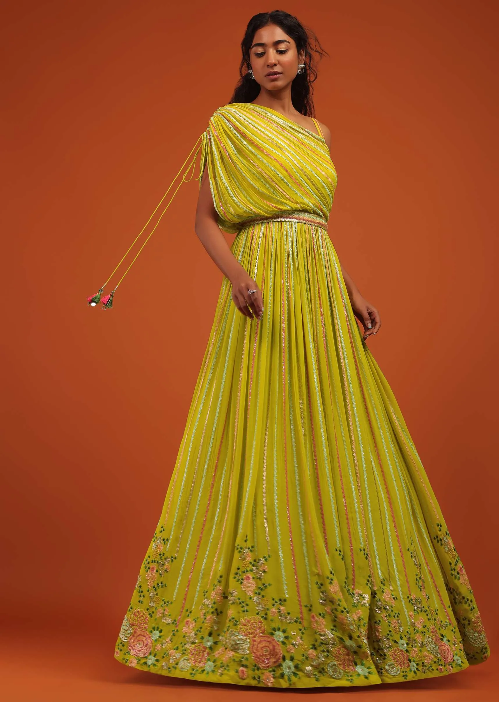 Green Indo Western Gown In Georgette With Multi Color Floral Embroidery