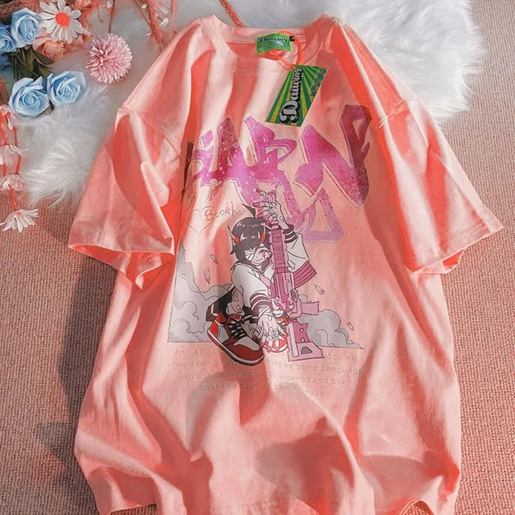 Kawaii Anime Girl Print Loose T-shirt