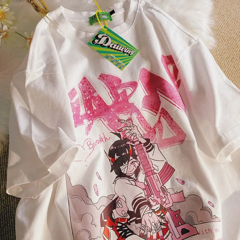 Kawaii Anime Girl Print Loose T-shirt