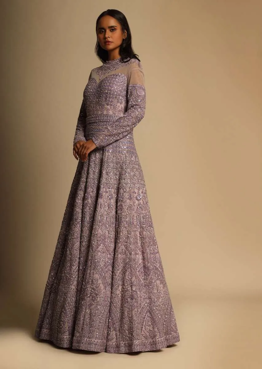 Lavender Gown In Net Heavily Embroidered Using Sequins, Resham, And Cut Dana Work In Intricate Moroccan Kali Design Online - Kalki Fashion