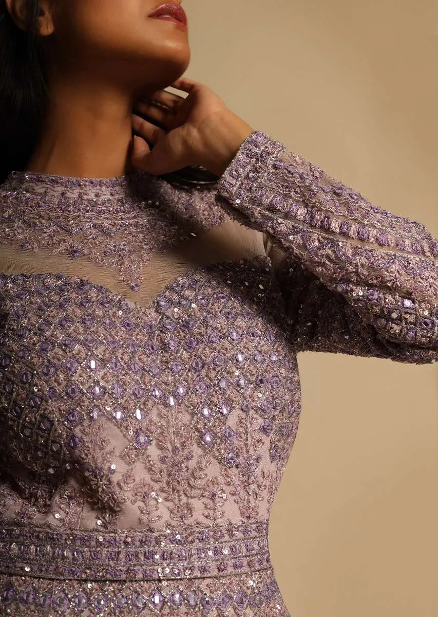 Lavender Gown In Net Heavily Embroidered Using Sequins, Resham, And Cut Dana Work In Intricate Moroccan Kali Design Online - Kalki Fashion