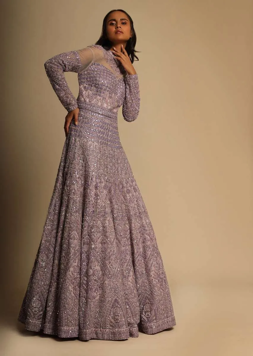 Lavender Gown In Net Heavily Embroidered Using Sequins, Resham, And Cut Dana Work In Intricate Moroccan Kali Design Online - Kalki Fashion