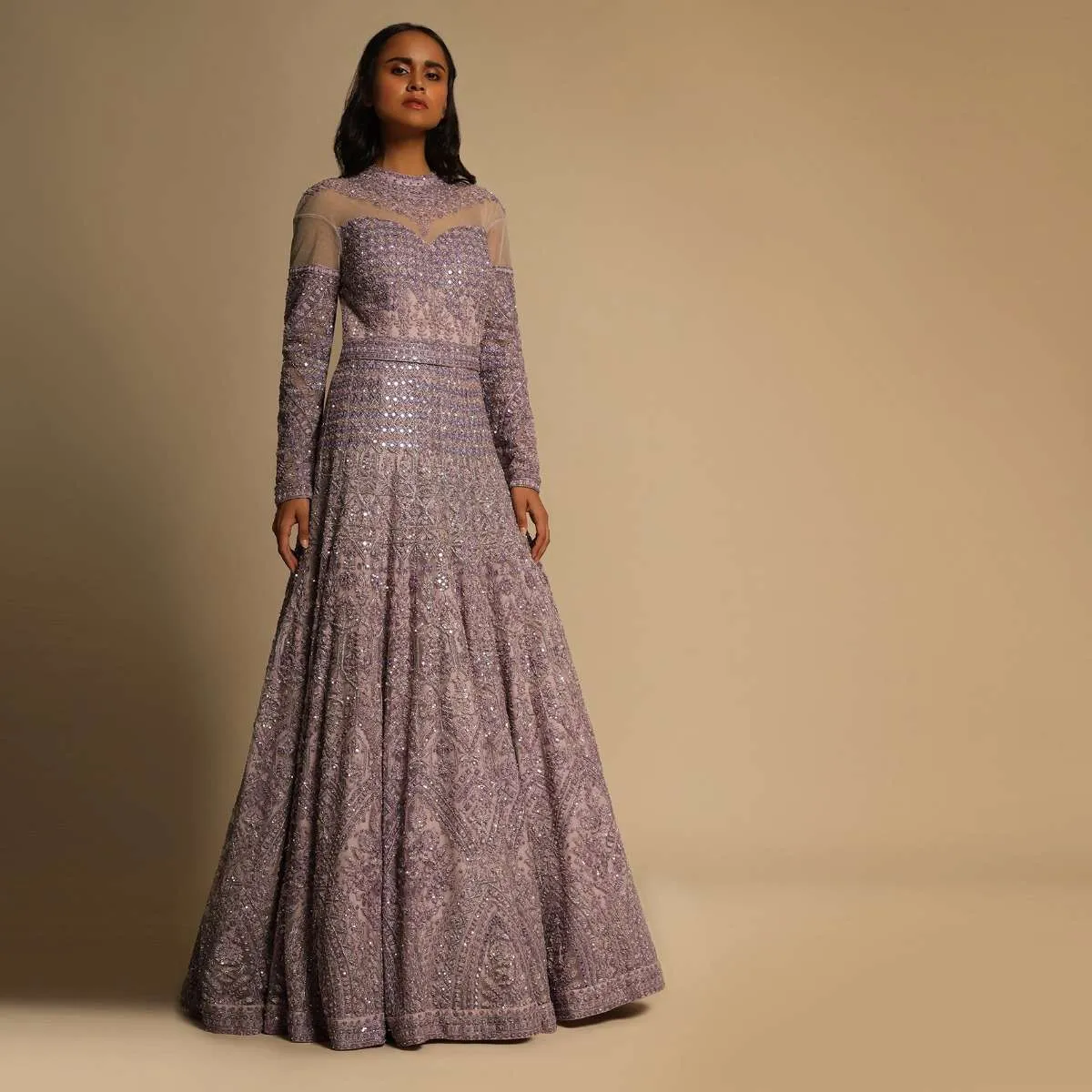 Lavender Gown In Net Heavily Embroidered Using Sequins, Resham, And Cut Dana Work In Intricate Moroccan Kali Design Online - Kalki Fashion