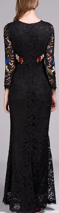 Long Black Floral Embroidered Lace Dress