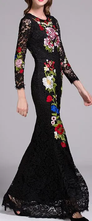 Long Black Floral Embroidered Lace Dress
