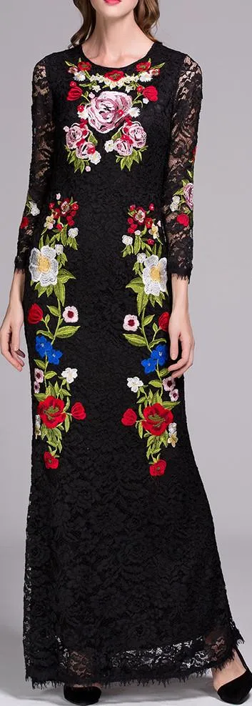 Long Black Floral Embroidered Lace Dress