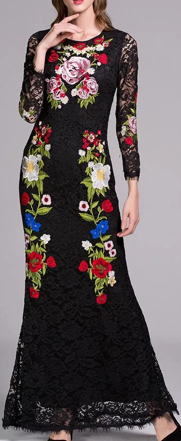 Long Black Floral Embroidered Lace Dress