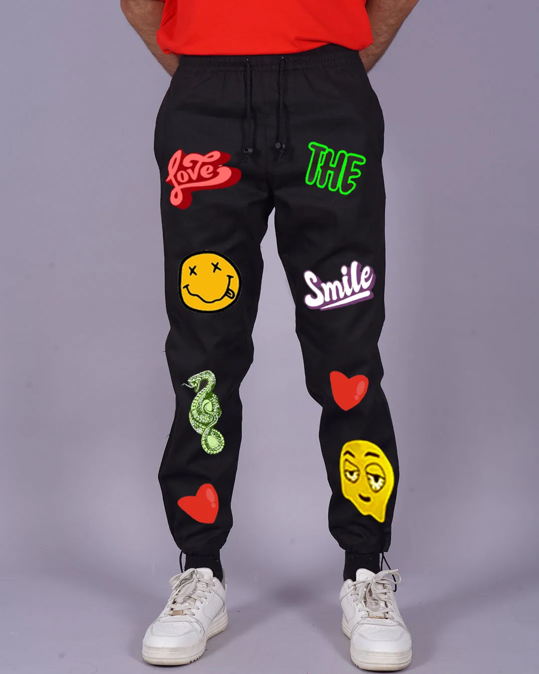 Men's Black Cotton Pants - Love Smiley(*)