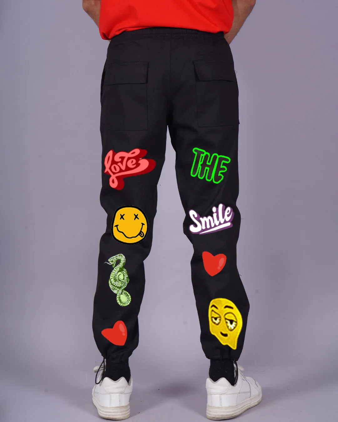 Men's Black Cotton Pants - Love Smiley(*)