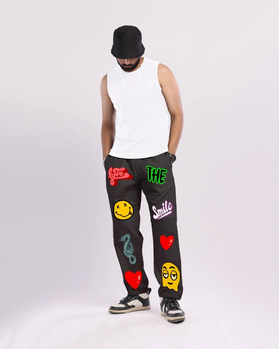 Men's Black Cotton Pants - Love Smiley(*)