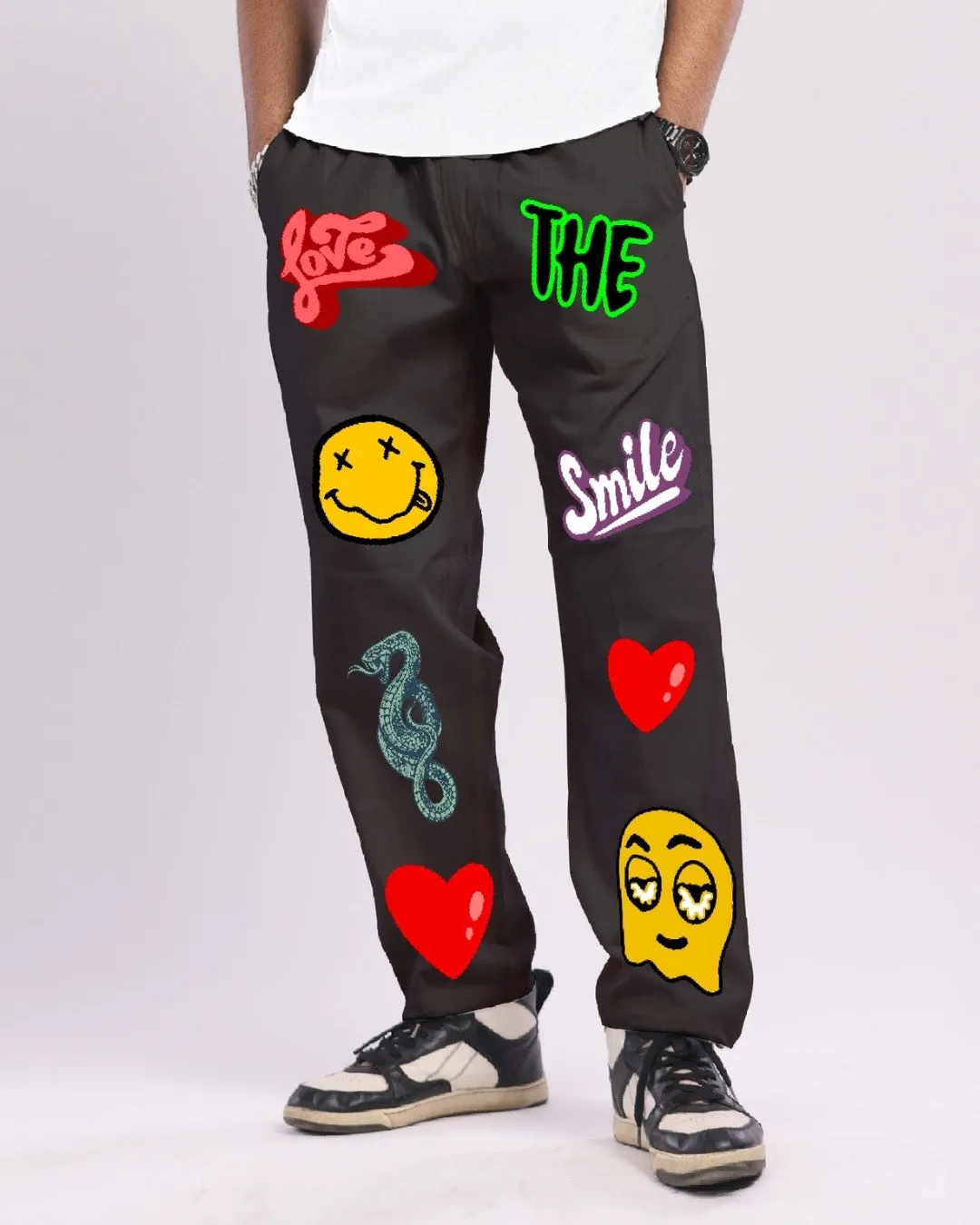 Men's Black Cotton Pants - Love Smiley(*)