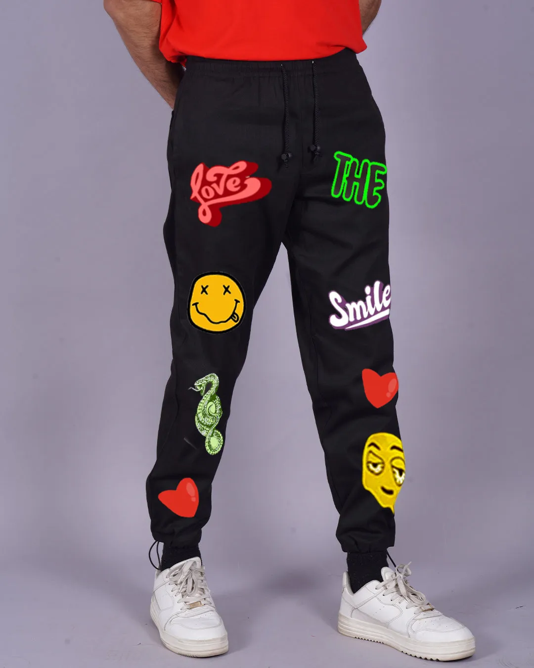 Men's Black Cotton Pants - Love Smiley(*)