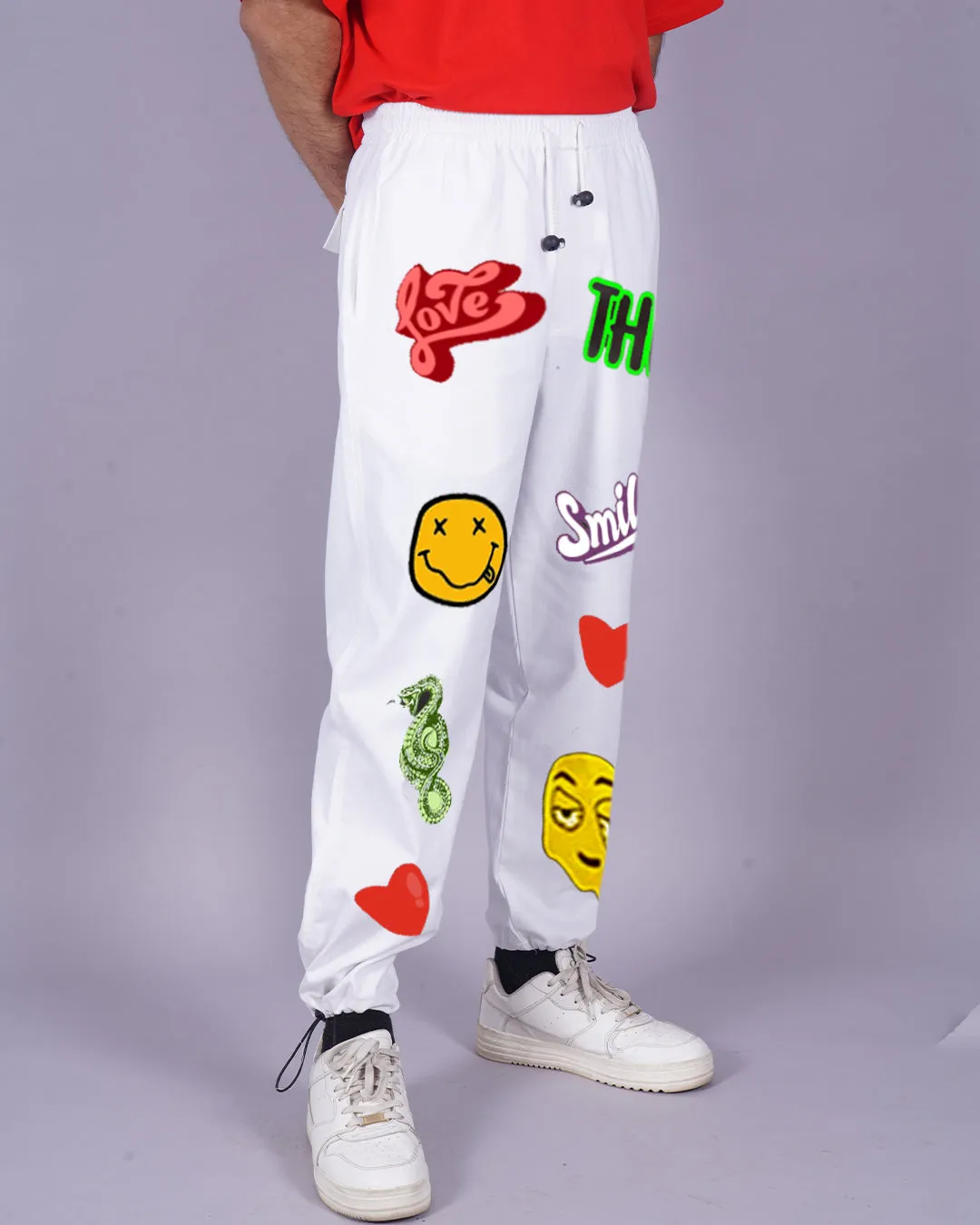 Men's White Cotton Pants - Love Smiley Design