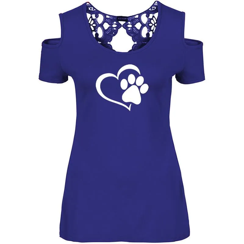 Paw Print Funny Summer Back Lace Dog Lovers T-shirt Women Travis Designs