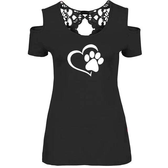Paw Print Funny Summer Back Lace Dog Lovers T-shirt Women Travis Designs