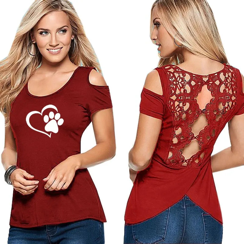 Paw Print Funny Summer Back Lace Dog Lovers T-shirt Women Travis Designs