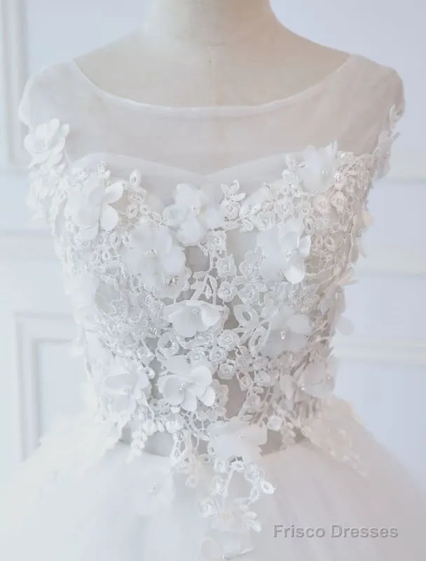 Princess Wedding Dresses Ball Gowns Lace Flowers Applique Sleeveless Bridal Gowns With Train