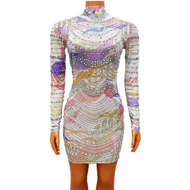 Shining Rhinestone Printing Bodycon Short Dress