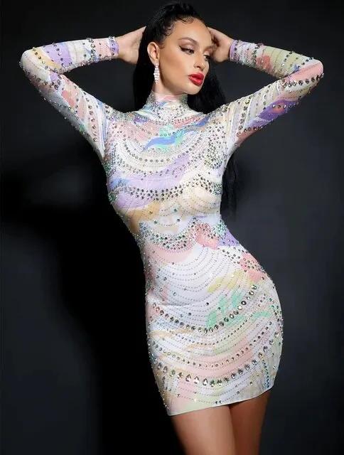 Shining Rhinestone Printing Bodycon Short Dress