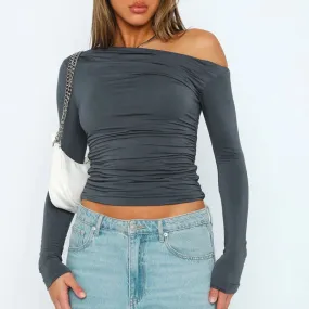 Spring Casual One Shoulder Long Sleeve Ruched Pink Tight Women's T-shirt