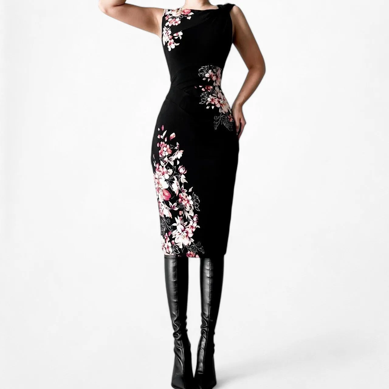 White House Black Market Black Knit Floral Print Knee Length Bodycon Dress M