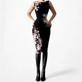 White House Black Market Black Knit Floral Print Knee Length Bodycon Dress M