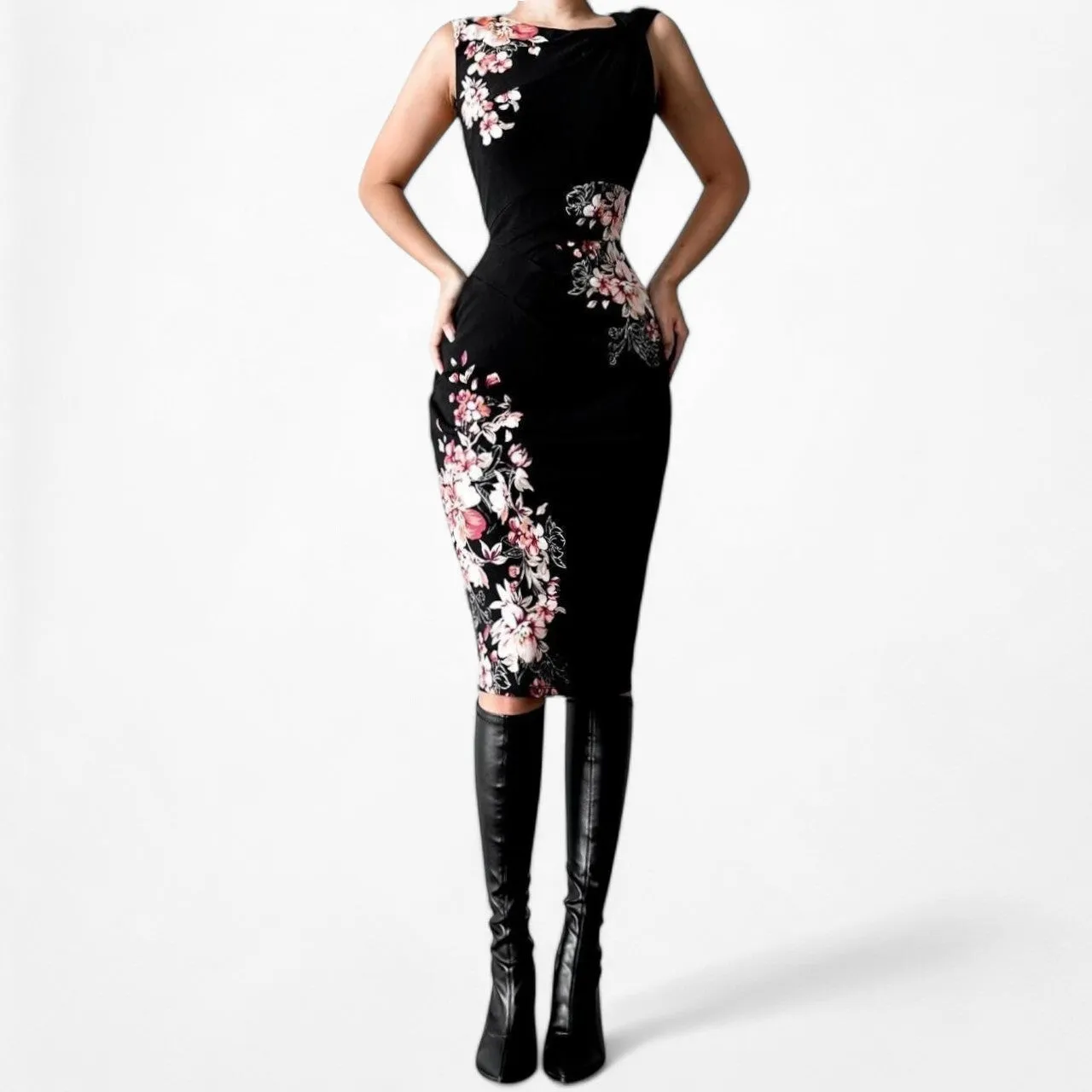 White House Black Market Black Knit Floral Print Knee Length Bodycon Dress M