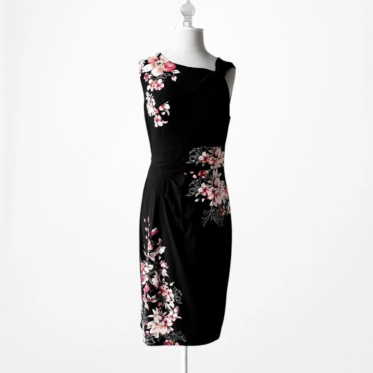 White House Black Market Black Knit Floral Print Knee Length Bodycon Dress M