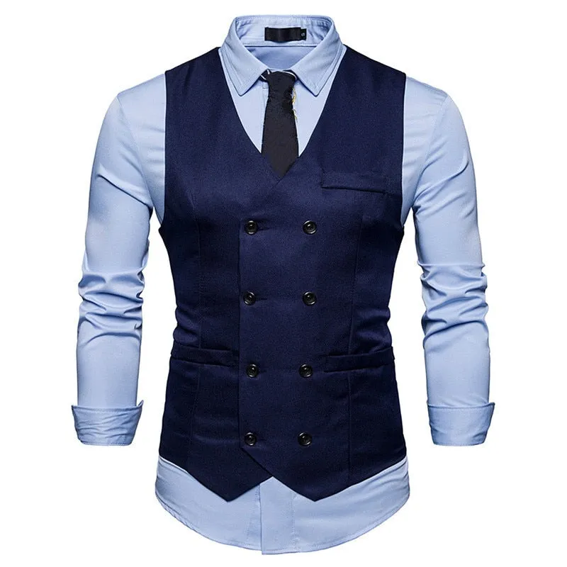 xiangtuibao Fashion Mens Double Breasted Blazer Casual Vest Sleeveless Suit Vest Male Plus Size Waistcoat Men Navy Blue Top for Men Slim Fit